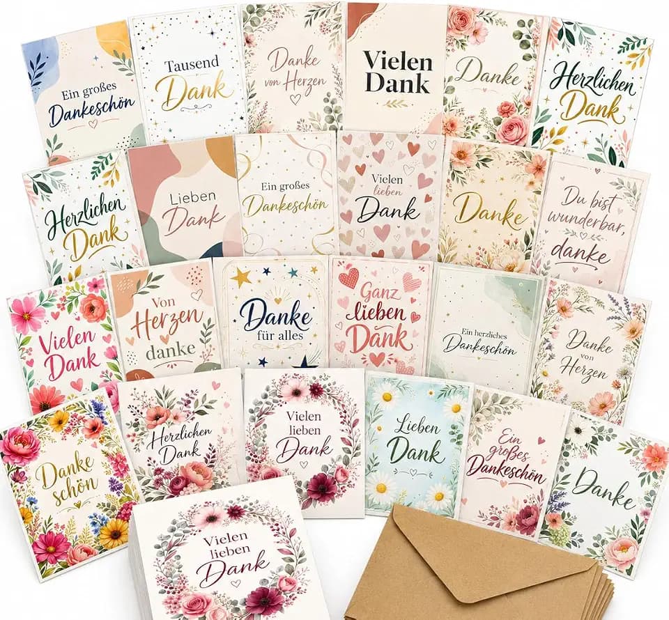 the lazy panda card company 30 Danke-Postkarten mit Kraft-Umschlägen – Boho Dankeskarten Set 15 x 10 cm, blanko Rückseite, 300gsm Perlmutt-Karton, 30 verschiedene natürliche Designs