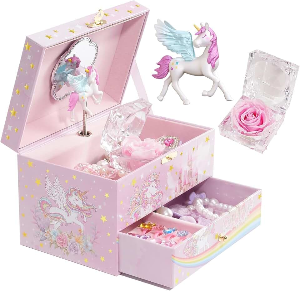 ProCase Kinder Musik Box Schmuckkästchen mit Spieluhr Einhorn & Konservierte Blumen, Schmuckschatulle mit Melodie für Mädchen -You Are My Sunshine