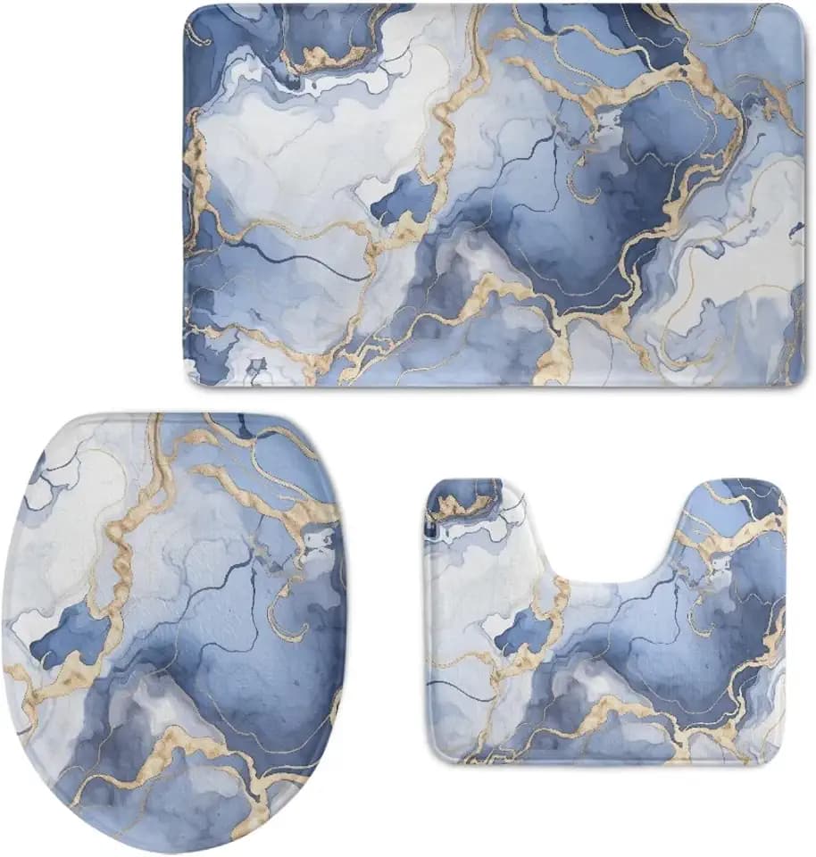 UNICEU Gold Purple Marble Bathroom Rug Set,3 Piece,Non Slip Marble Bath Mats and U-Shaped Contour Carpet Toilet Lid Cover Soft and Absorbent Bath Rugs Bathroom Accessories