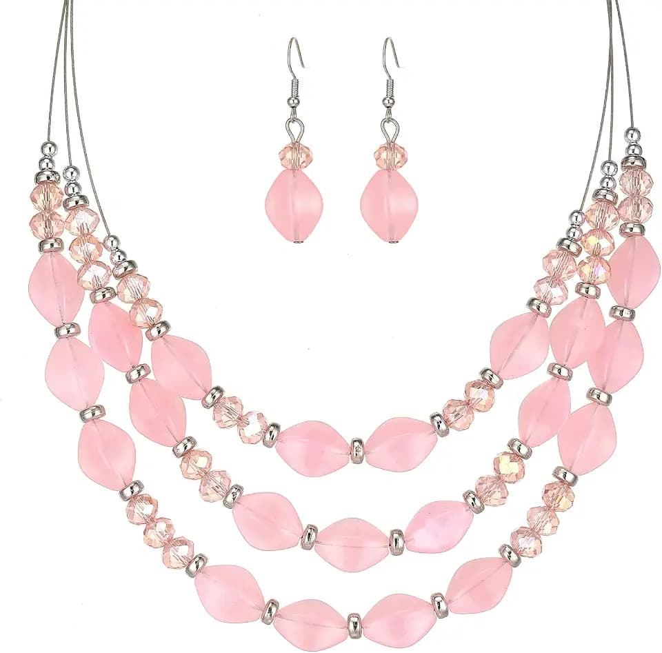 3 Layered Chunky Statement Necklace for Women Beaded Strand Necklaces with Earring Fashion Costumes Collar Necklace Jewelry Sets Gifts for Women