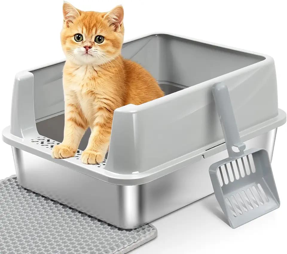 Stainless Steel Litter Box with Lid, Metal Litter Box for Kitten, Small Litter Boxes with Scoop and Mat, Low Entry,Non-Stick,Easy to Clean Litterbox for Small to Medium Cats