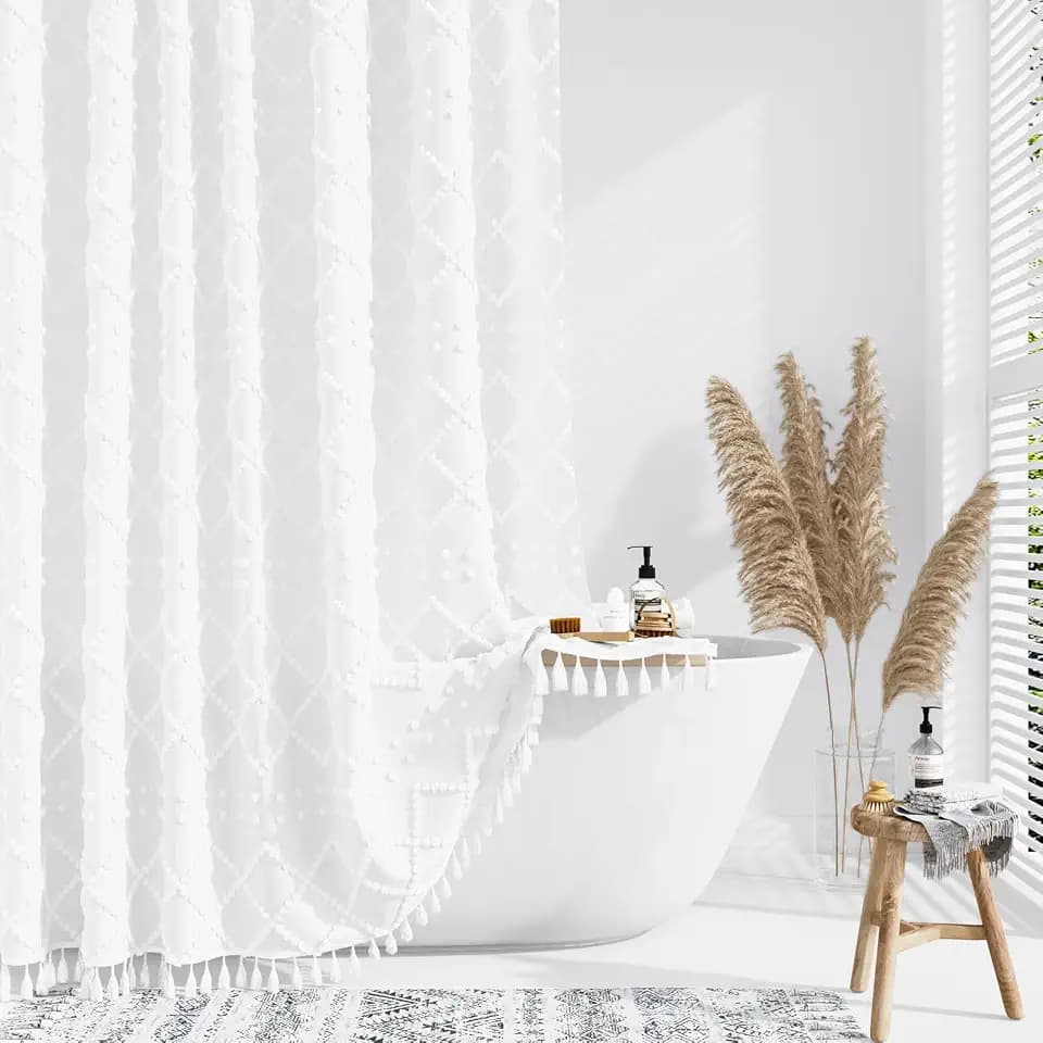 Dynamene Stall Boho Farmhouse Shower Curtain Tufted Geometric 42"x72" White