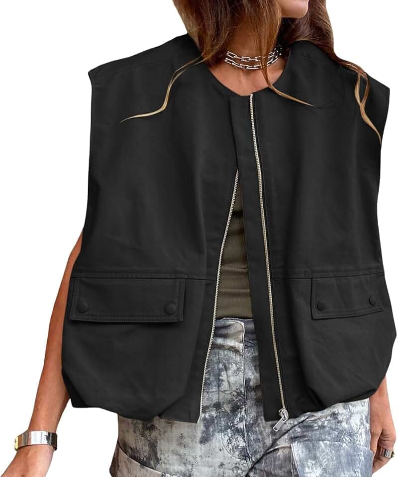 Damen-Cargo-Weste, lässig, ärmellos, lockere Passform, einfarbig, Reißverschluss, Frühling, Sommer, leicht, übergroße Blazer mit Taschen