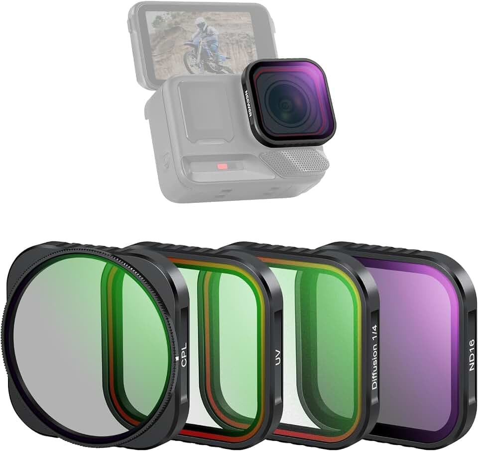 NEEWER 4er ND Filter Set, kompatibel mit Insta360 Ace Pro & Ace Pro 2, ND16/CPL/UV/Black Diffusion 1/4 für einen filmischen Nebeleffekt, Nicht für runde oder achteckige Objektivschutzfilter, FL-C29