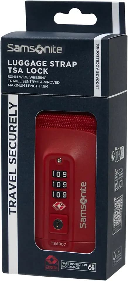 Samsonite TA Revolution – Gepäckgurt mit TSA‑Schloss, Verstellbar 50mm, Robuste klick‑Schnalle, Sicheres Kofferband für Reisen, Rot