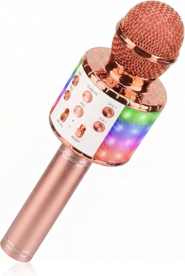ShinePick Karaoke-Mikrofon, kabellos, Karaoke-Mikrofon, Bluetooth, tragbar, mit LED, Disco Licht für Kinder/Erwachsene, Singen, kompatibel mit Android/iOS/PC/Smartphone (Roségold)