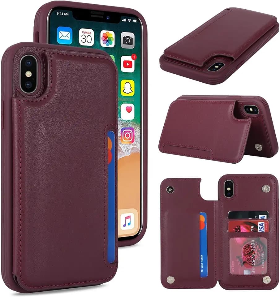 iCoverCase Compatible with iPhone X/XS Case with Card Holder, Wallet Phone Case for Women Men RFID Blocking PU Leather Protective Case 5.8 Inch (Wine Red)