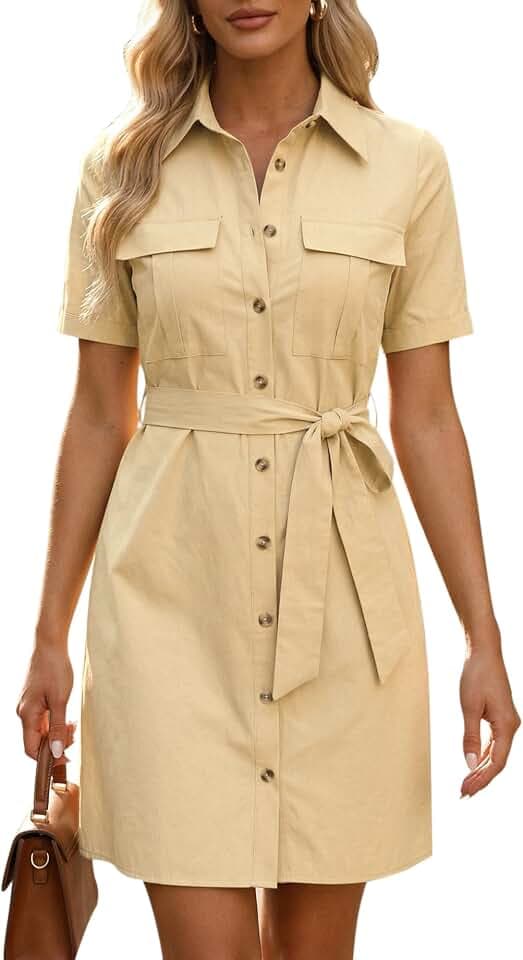 Allegra K Safari-Kleid für Damen, Kragen, kurze Ärmel, Baumwolle, Gürtel, geknöpftes Hemdblusenkleid