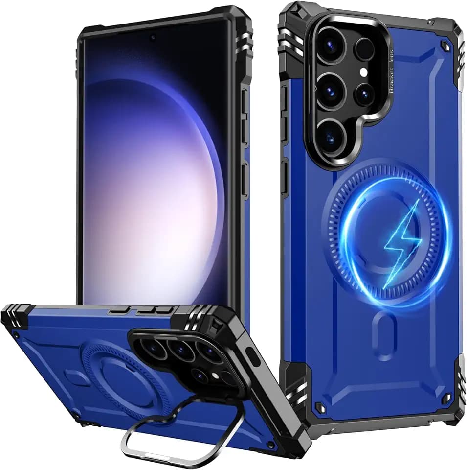 FUNMIKO for Samsung Galaxy S23 Ultra Case,Wireless Charging Compatible,Built-in Hidden Metal Kickstand,Military-Grade Shockproof Protective Phone Cover for Men Women Girls,Blue