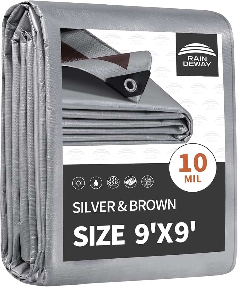 RAINDEWAY 9x9 Feet Tarps Heavy Duty Waterproof,10Mil Multipurpose Tarp