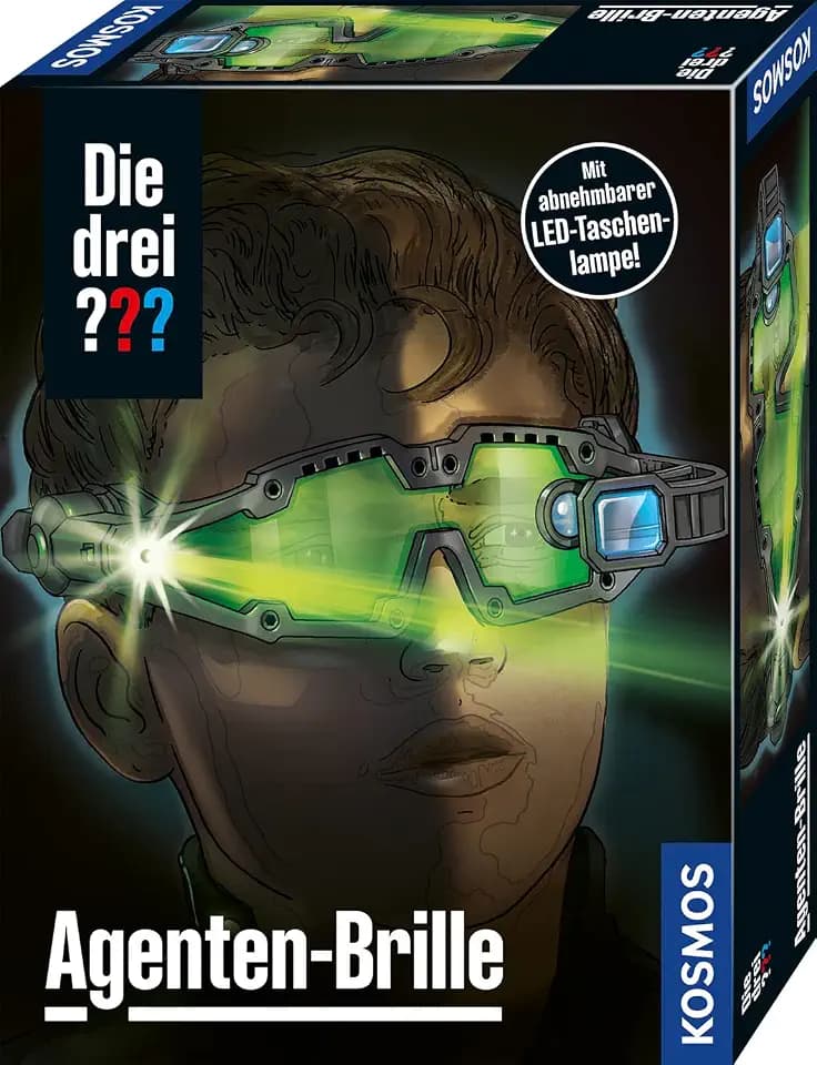 Die drei ??? Agenten-Brille von KOSMOS, mit integrierter Doppel-LED zur Beleuchtung im Dunkeln, Visier vorklappbar mit Such-Linse und Vergrößerungs-Linse, Detektiv-Spielzeug, Rollenspiel