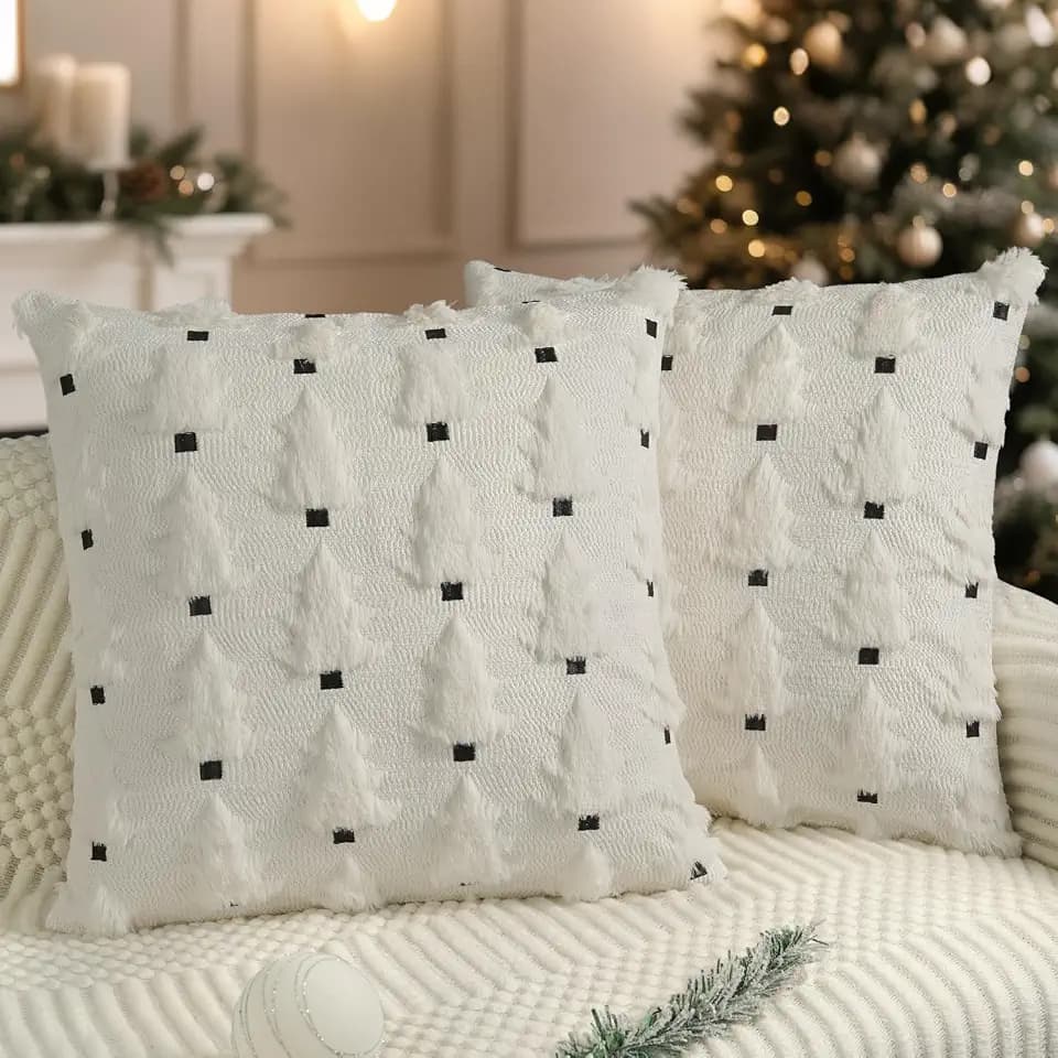 Artmag Christmas Pillow Covers 24x24 inch Set of 2 Soft Plush Faux Fur Christmas Tree Throw Pillow Cases for Winter Holiday Xmas Decorations Cream White