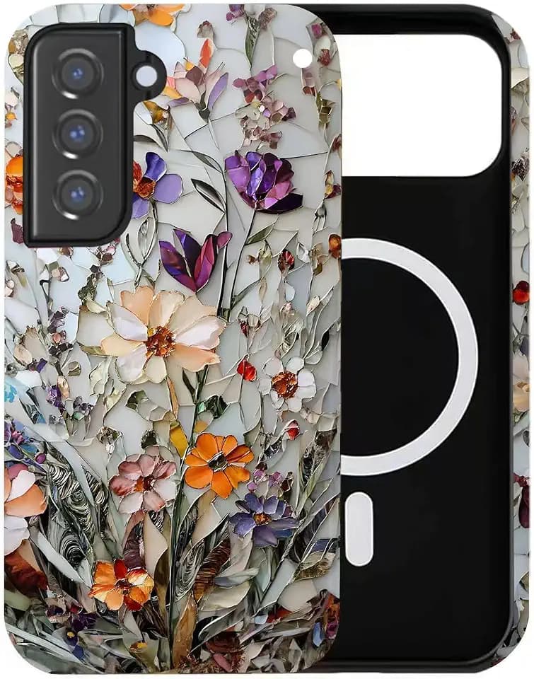 for Samsung Galaxy S23 FE, Stained Glass Bloom Flower Dual-Layer Hard Shell+Silicone Cover-Shockproof Protective Phone Case for Women Girls