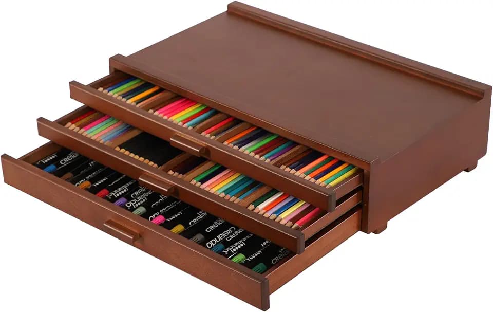 VISWIN 3-Schublade Holz Artist Supply Storage Box mit abnehmbaren Trennwänden, Premium Buche Holz Art Storage Box, Portable Organizer Box für Farben, Marker, Stifte, Pinsel und Kunstzubehör