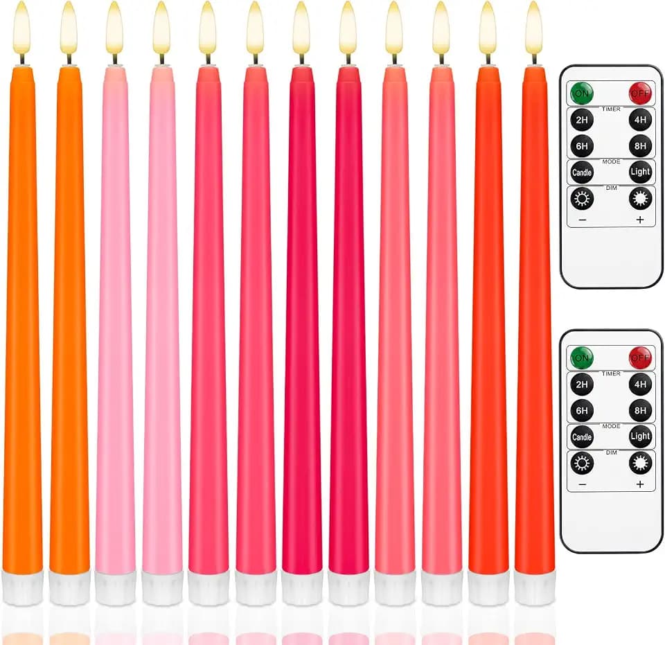 Baquler 12 Pcs 11'' Pink and Orange Flameless Taper Candles
