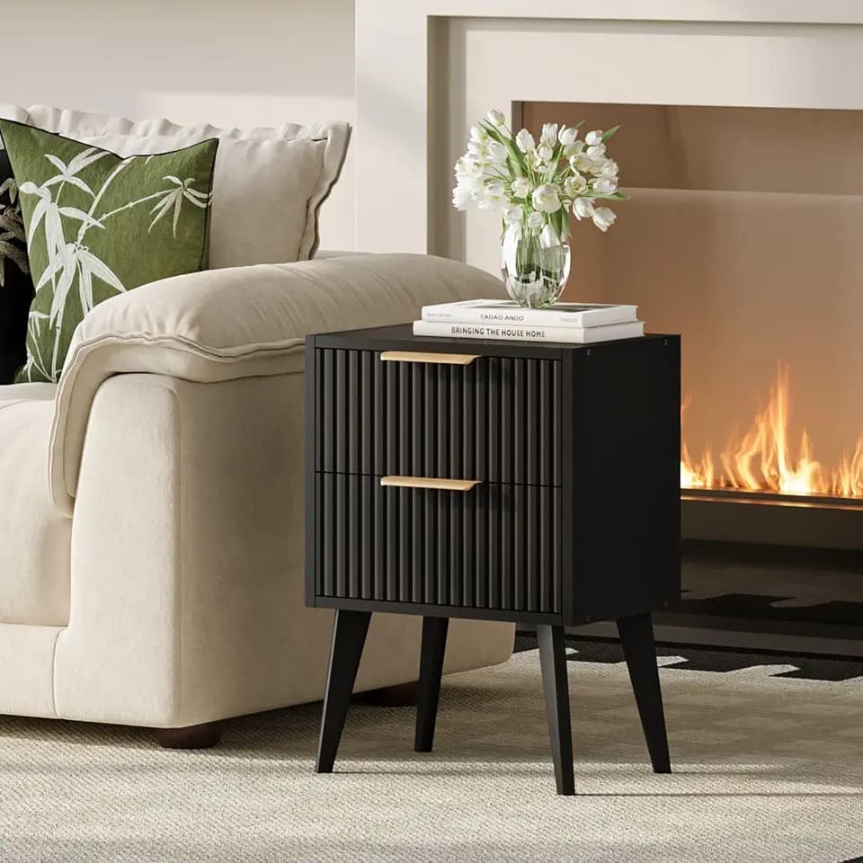 YAUKOMEL Fluted Nightstand with 2 Drawers,Black Bedside Table