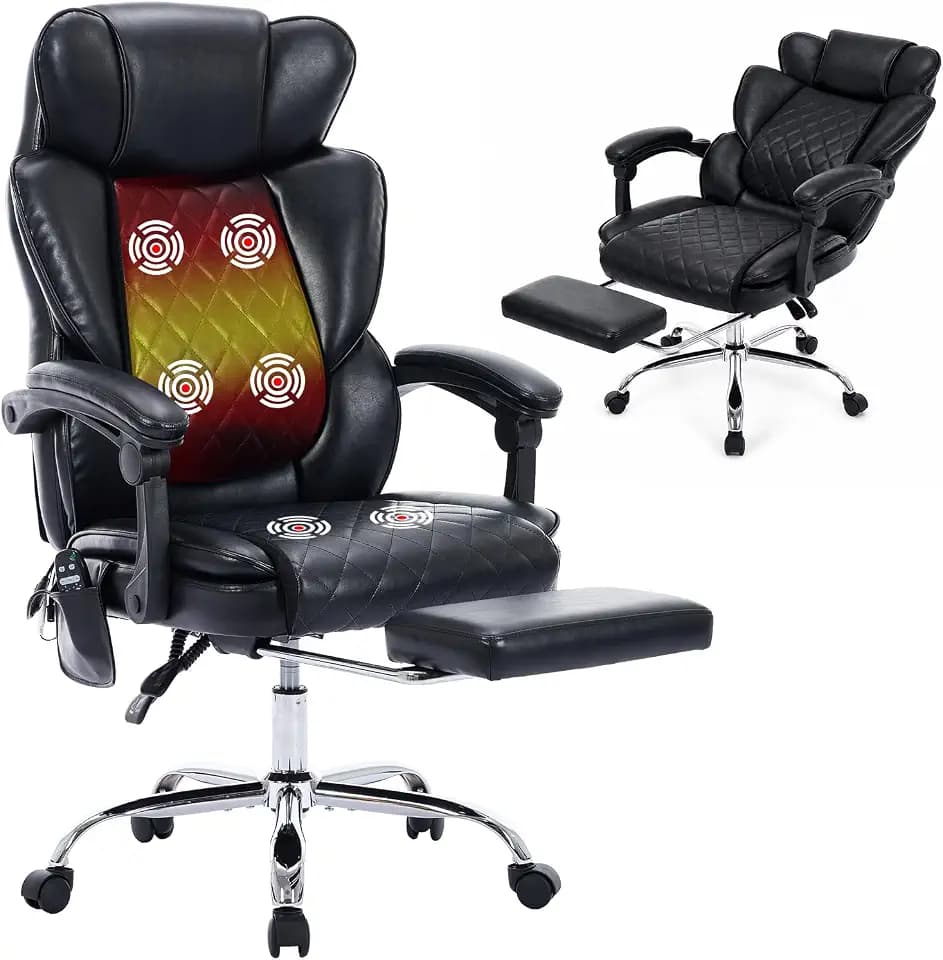 Bürostuhl Ergonomisch mit Massagefunktion, Ergonomischer Schreibtischstuhl mit Heizfunktion, Chefsessel mit Fußstütze, 360° Drehstuhl, 94-125° Verstellbarer Rückenlehne, für Office, Schwarz