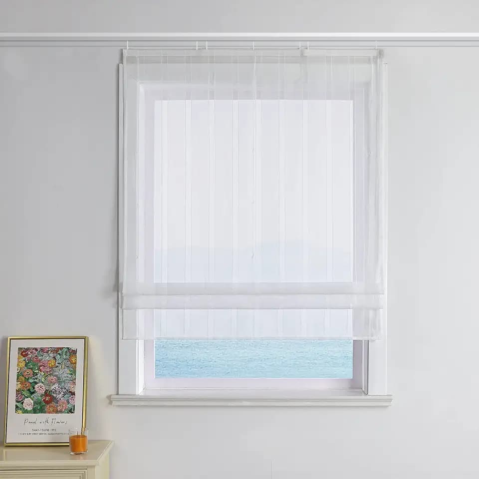 ESLIR Raffrollo mit Klettband Wohnzimmer Raffgardine Voile Küche Gardinen Landhaus Bändchenrollo Weiß Vorhänge Transparent Raffstore mit Vertikale Streifen BxH 120x140cm 1 Stück