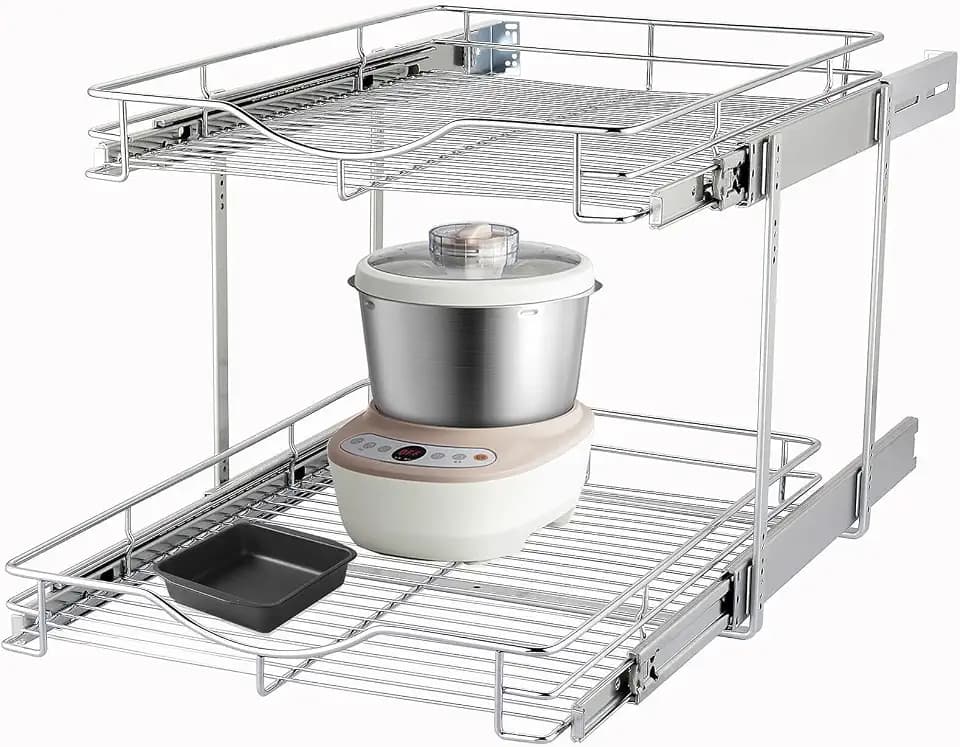 DINDON 2 Tier Pull Out Cabinet Organizer (20" W X 21" D), Double Tier Wire Basket Slide Out Shelf Storage for Kitchen Base Cabinet Organization ​for Kitchen, Pantry, Bathroom, Chrome