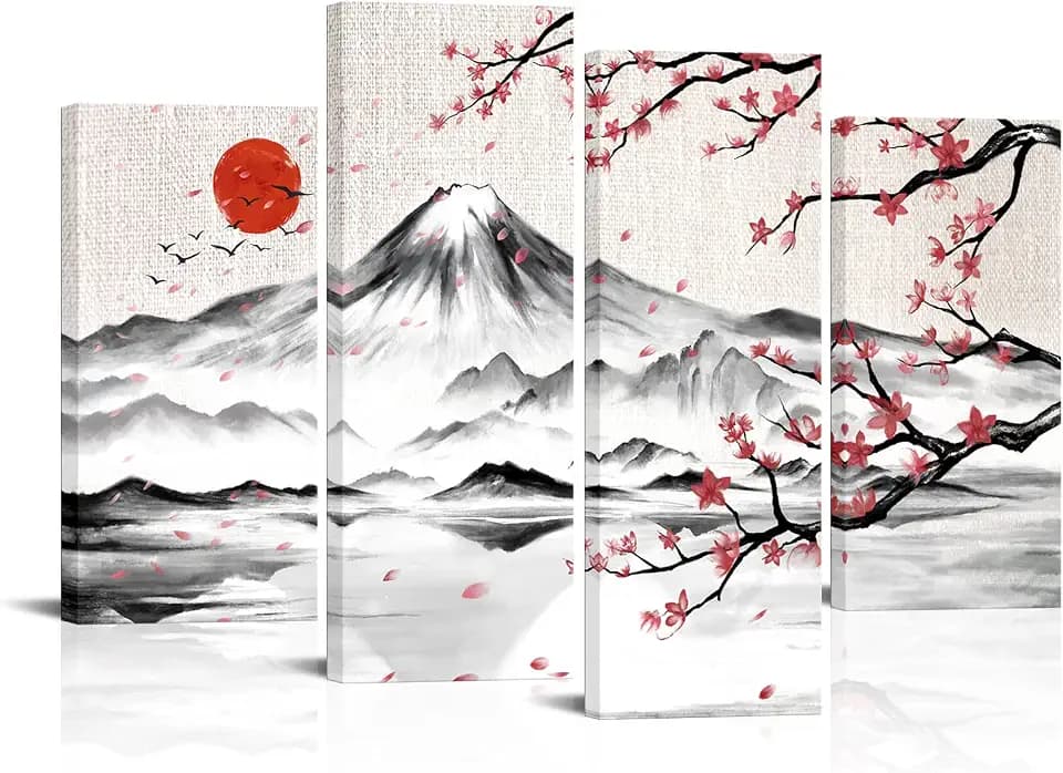 LyerArtork 4 Panel Japanese Ink Painting Wall Art Mount Fuji with Moon Pictures Wall Decor Cherry Blossom Canvas Print Japan Traditional Artwork for Living Room Bedroom Decoration