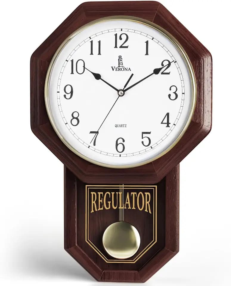 Verona Uhren Holz Pendel Wanduhr – dekorative Wanduhr mit Schwingendes Pendel – 45,7 x 28,6 cm – Quarz, batteriebetrieben, Silent echten Glas & Holz – Schulhaus, Regulator Design by Dunkles