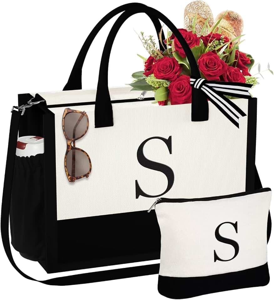 YOOLIFE Personalized Gifts for Women Initial Canvas Tote Bag Makeup Bag