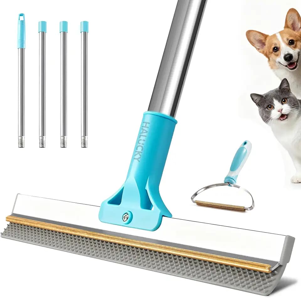 Tierhaarentfernung Besen 2 in 1 TPU und Kupfer Rake Zähne Uproot saubere Haarentferner mit 160cm verstellbarem langen Griff, wiederverwendbarer Katze & Hund Pelzbesen für Teppich, Sofa, Bett, Kleidung