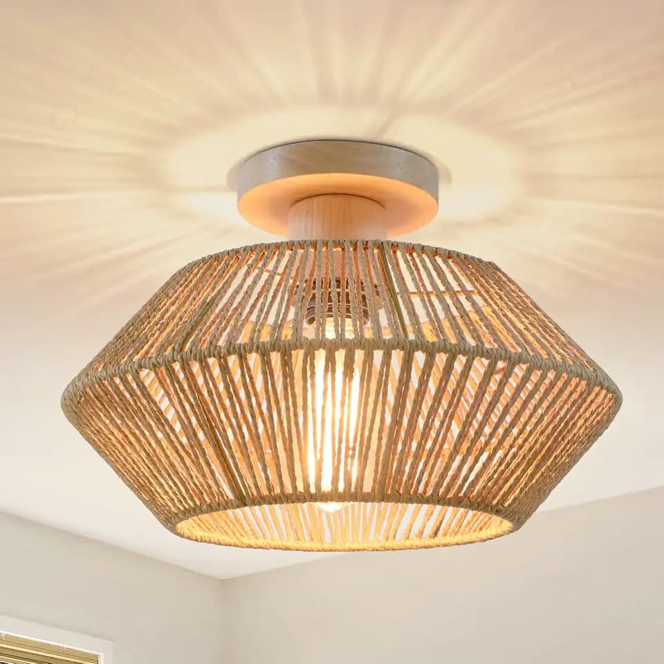 LynPon Bohemian Deckenleuchte aus Gewebtem Rattan Handgefertigter Käfig Kronleuchter Bauernhaus Natürliche Mini Rattan Lampe für Wohnzimmer, Schlafzimmer, Küche