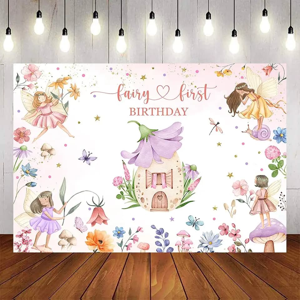 7x5ft Fairy First Birthday Backdrop Whimsical Fairy Theme Girl 1st Bday Background Flatter and Twirl Little Princess Tale Wildflower Party Decorations for Girls