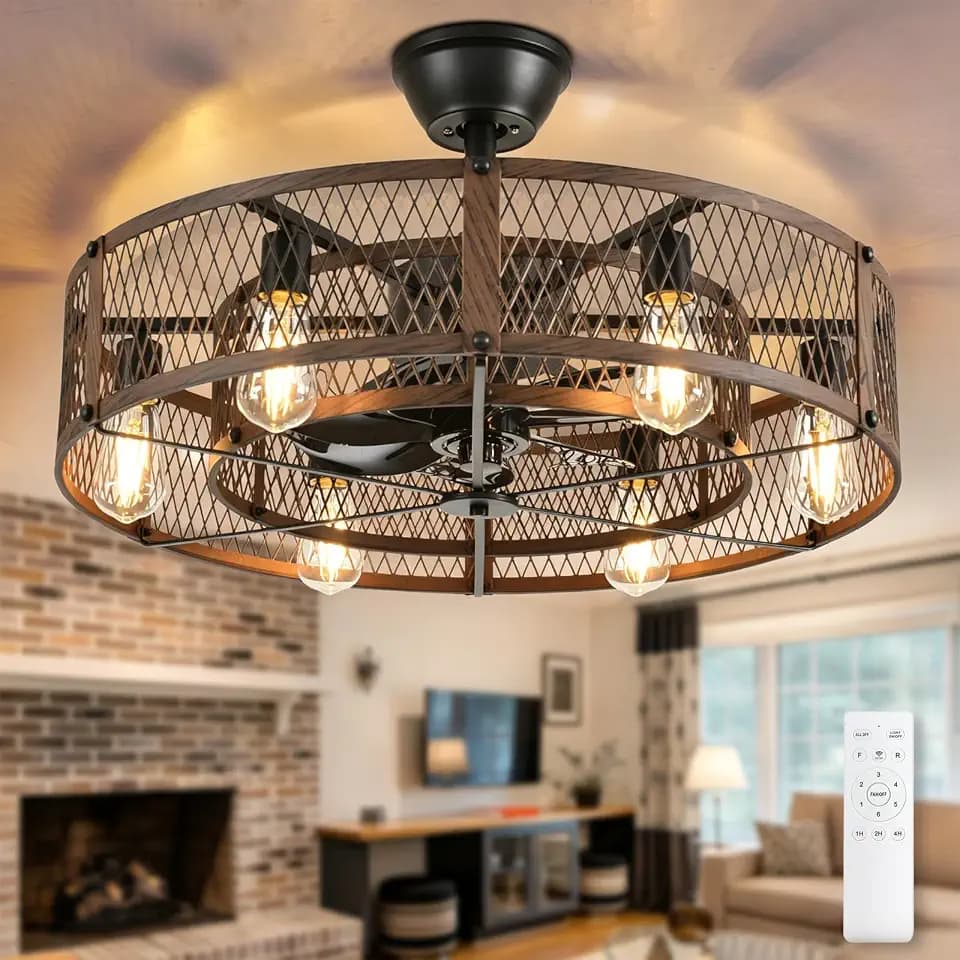 Depuley Outdoor Ceiling Fan with Light: 26" Caged Ceiling Fans with Remote Control for Patio Kitchen Bedroom - Farmhouse Fandelier Flush Mount Lights Fixture Reversible 6 Speed Timer Walnut