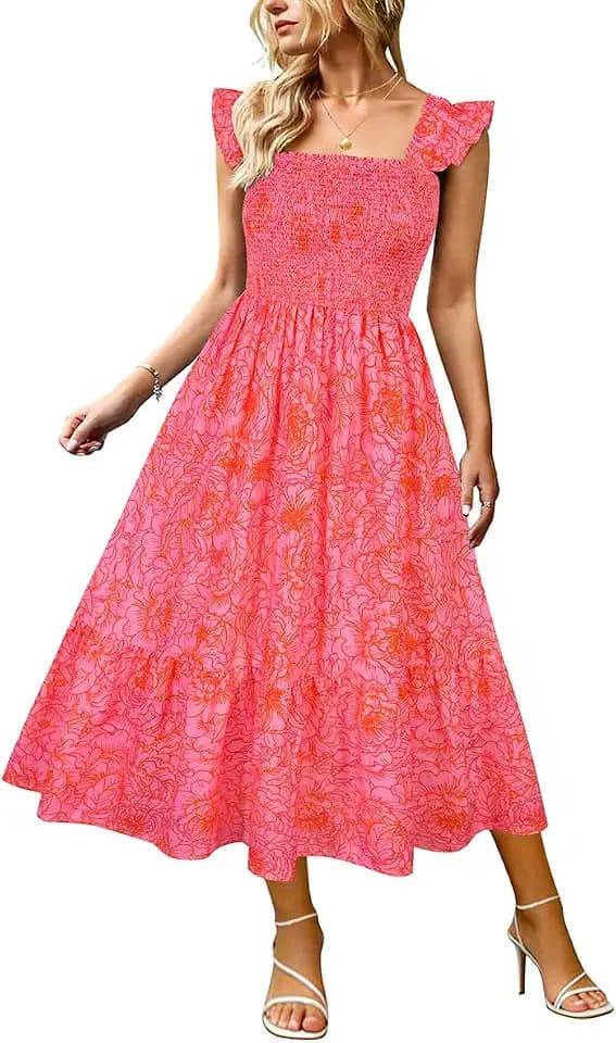RITERA Plus Size Dress Women Summer Sleeveless Square Neck Smocked Ruffle Strap Midi Beach Sundress with Pocket XL-5XL