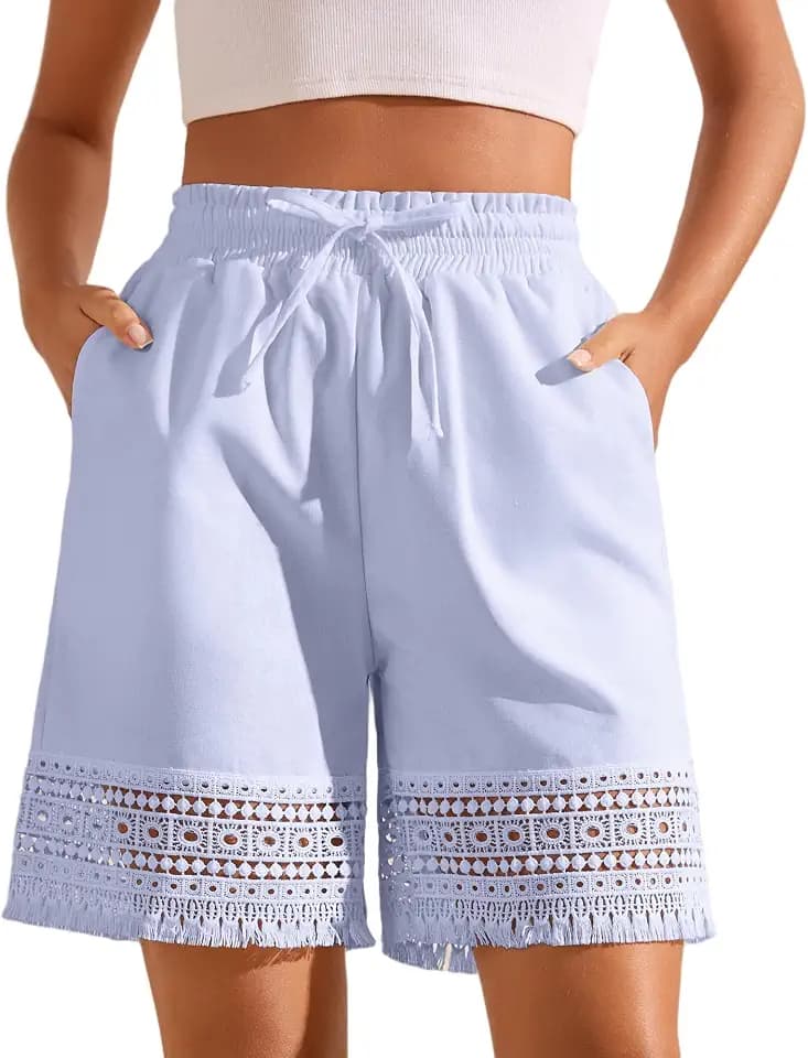 Womens Casual Shorts Wide Leg Bermuda Shorts Drawstring Elastic High Waist Lace Trim Summer Beach Shorts with Pocktes