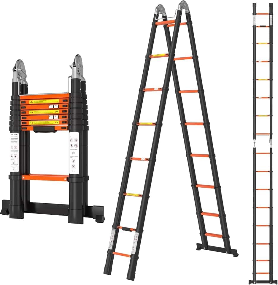 Telescoping Ladder A Frame 16.5Ft with Stabilizer Bar, Orange Black