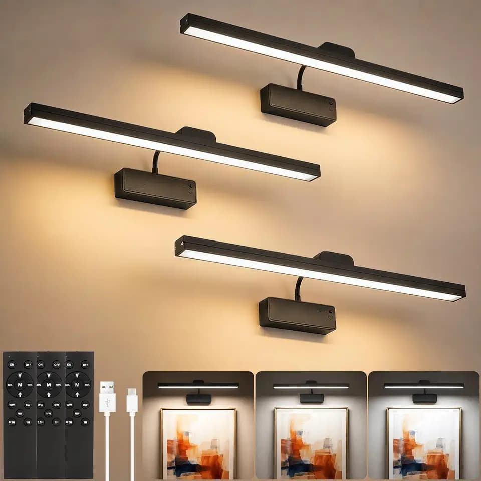 3 Pack Picture Light for Wall, 15'' Wireless Rechargeable 5000mAh Art Light with Remote, Dimmable Magnetic LED Painting Light, Battery Operated Wall Light for Display Gallery, Hallway, Living Room