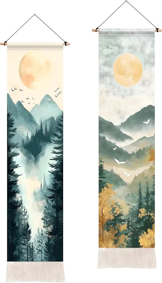 BVBOX 2 PCS Vertical Tapestry 13"x51", Modern Oriental Aesthetic Mountain Forest Moon Long Vertical Wall Hanging White Tassel Tapestries Home Decor for Living Room, Bedroom