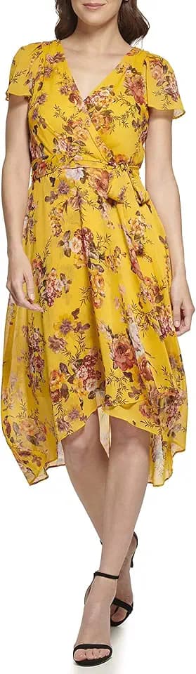 DKNY Womens Short Sleeve Asymmetrical Hem Faux Wrap Dress