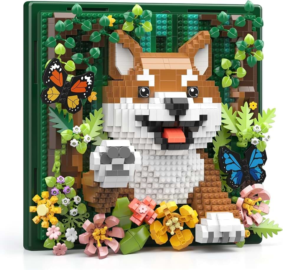 Vziimo Tiere Blumen 3D Art Bausteine, Shiba Inu Hund Klemmbausteine Wanddeko & Tischdeko Modell, Botanische Geschenk für Erwachsene ab 15 Jahren