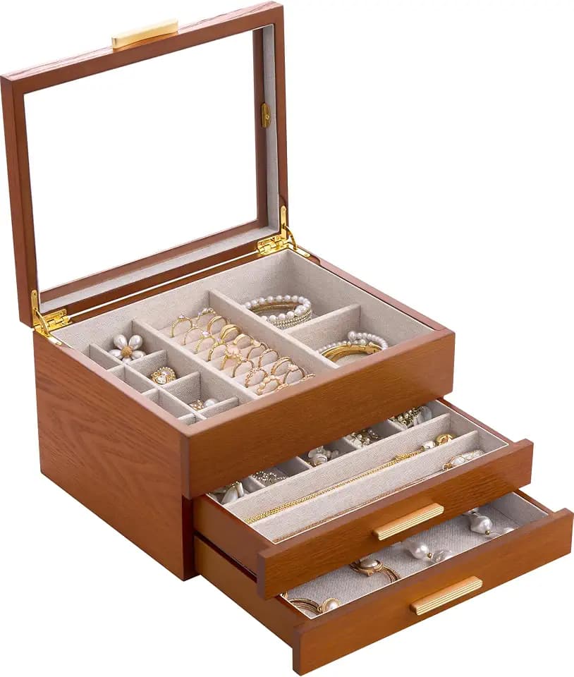 Lolalet Holzmaserung Schmuckkästchen, Groß Schmuckaufbewahrung mit durchsichtige Fenster, Schmuckschatulle Schmuckbox für Ohrringe Armbänder Halsketten Ringe –Kirsche, 3 Ebenen