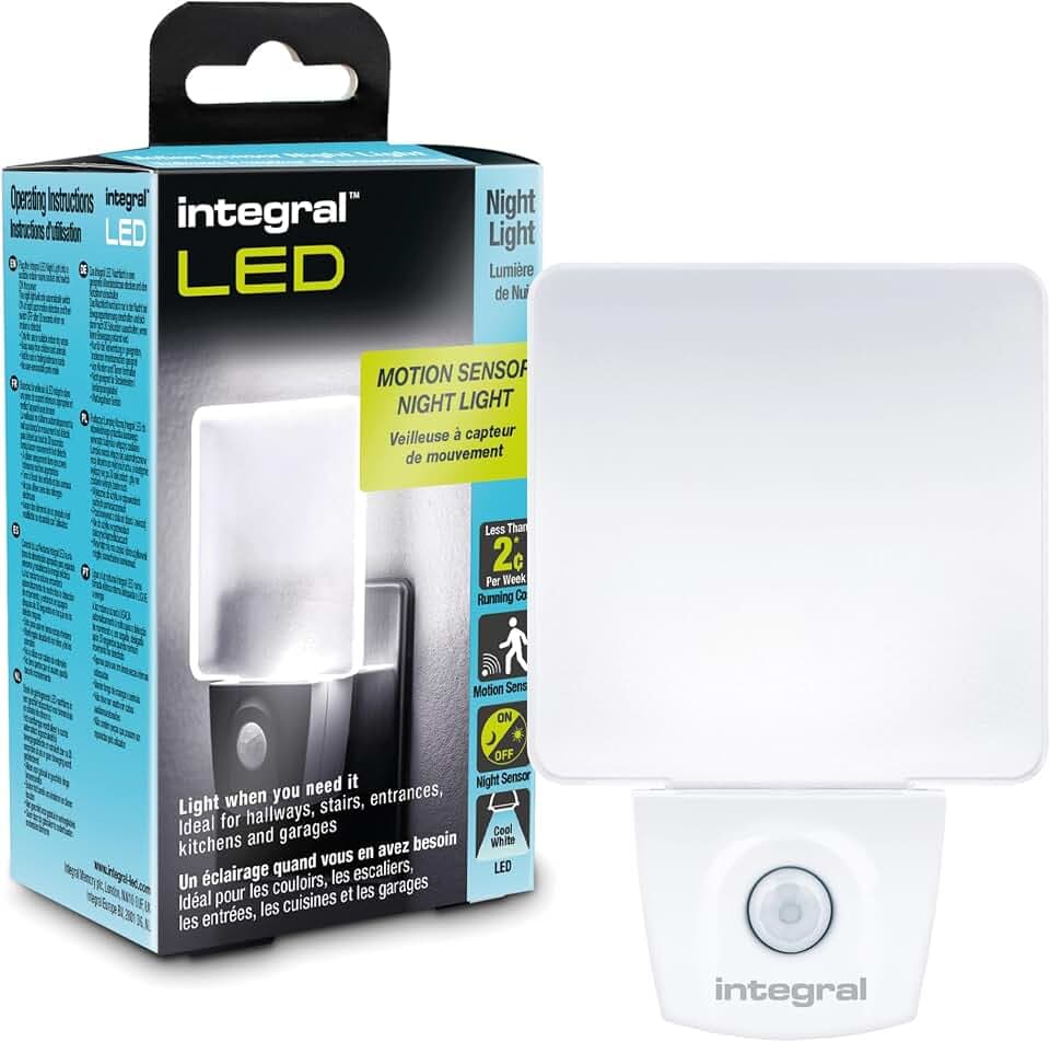 Integral LED Steckdosen-Nachtlicht mit Bewegungssensor | Automatisches Ein-/Ausschalten | Weiches Licht | Transparent | Ideal für Schlafzimmer, Flure, Treppen, Treppenabsätze, Kinderzimmer