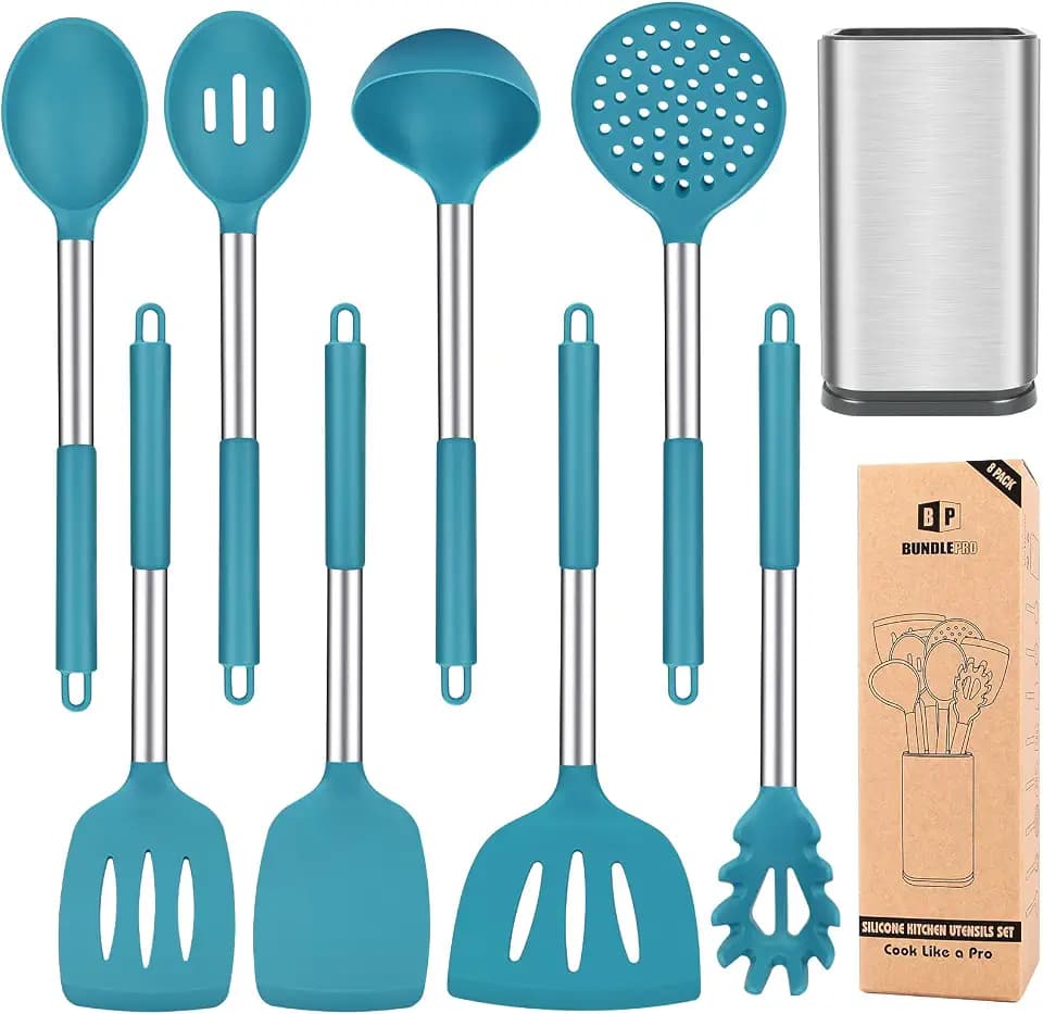 Silicone Kitchen Utensils Set, 8Pcs Cooking Utensils with Holder, Blue