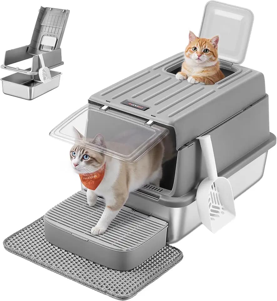 Feandrea Stainless Steel Cat Litter Box with Flip Lid, 2 Doors, Scoop