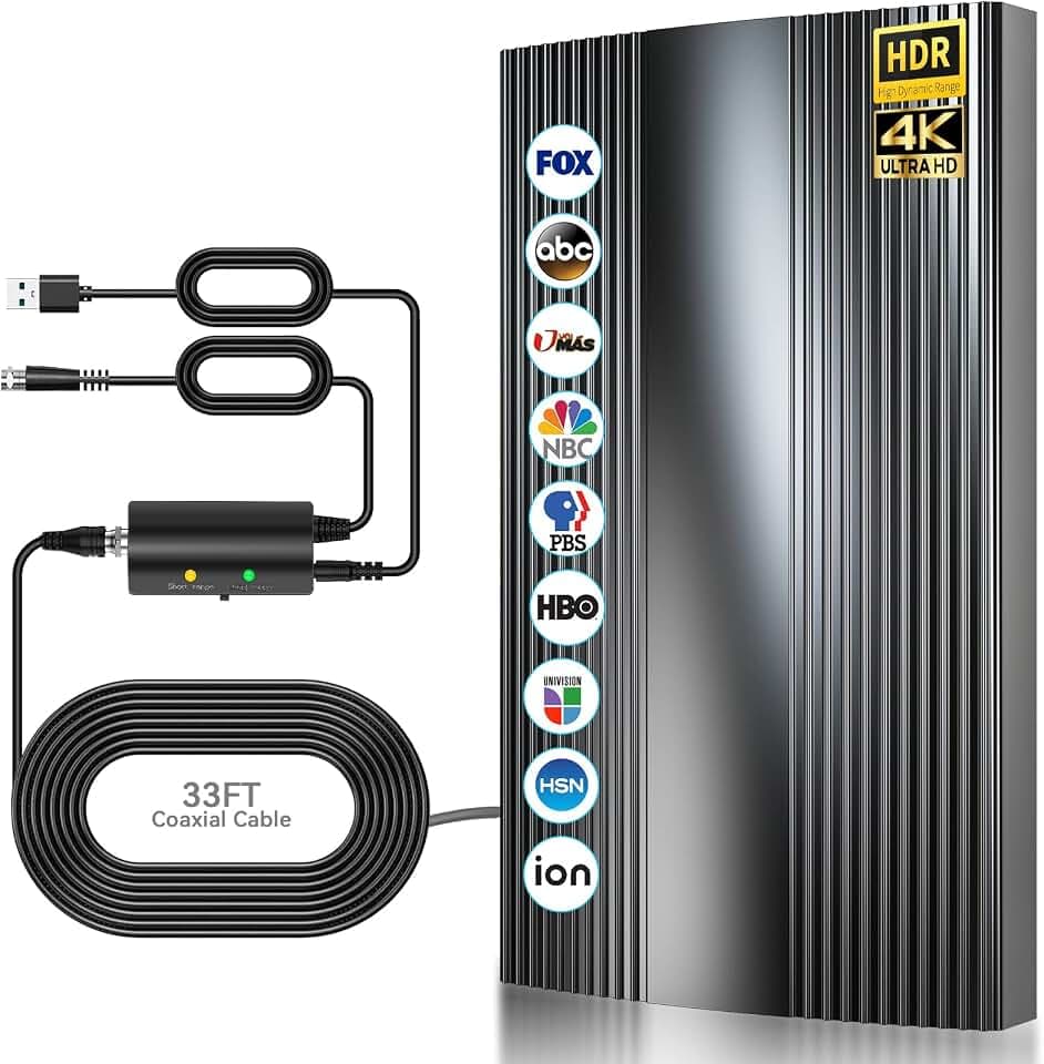 Interne TV-Antenne, leistungsstarker Innenverstärker TV-Antenne, 600 km Reichweite 360 ° Empfang des Signals HDTV Digital-Antennen für 1080P 4K alle alten und Smart HDTV DTT DVB-T/DVB-T 2,10 m