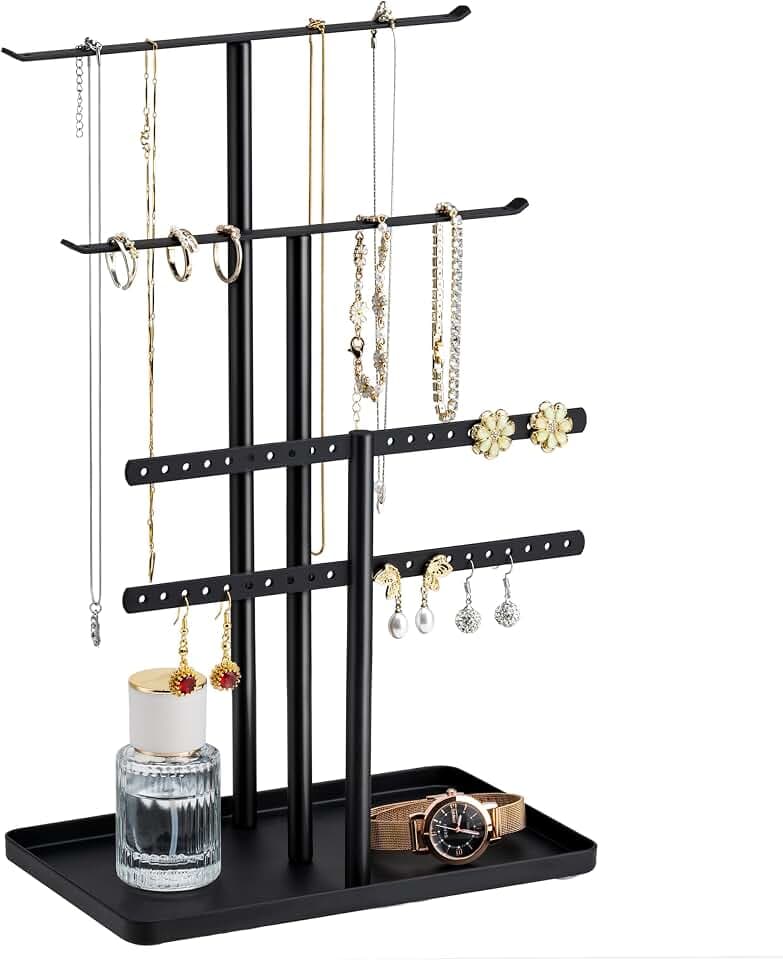 Schwarz Schmuck Organizers, Schmuckständer 32cm Groß, 4 Ebenen Robust Schmuckaufbewahrung Reise, Schmuckschrank Organizer für Halskette, Armband, Parfüm und Ohrringe, Deko Aesthetic Accessoires