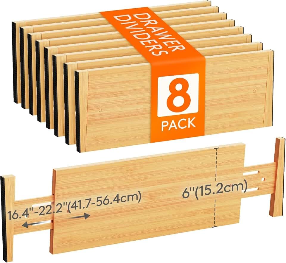 Lifewit 8 Set Bambus Schubladentrenner, Verstellbar Schubladen Trenner für Innenlänge 45 –55cm/17.5-22" & Höhe＞15,2cm, Schubladen Organizer Ordnungssystem für Küche Kleiderschränke Schreibtisch Büro