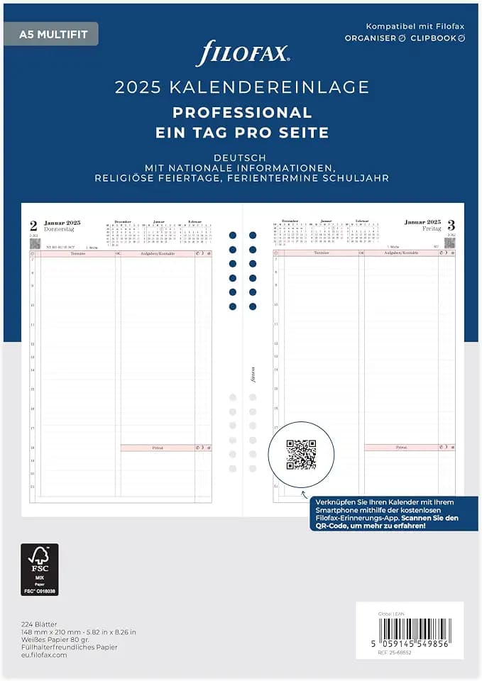 Filofax A5 Professional 1 Tag auf einer Seite (deutsch)2025