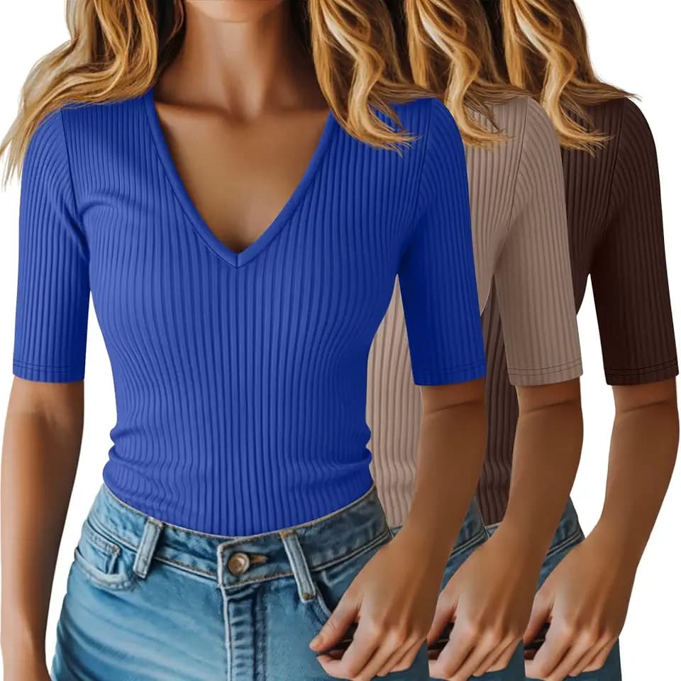 Riyiper 3 Pack Womens Half Sleeve V Neck Ribbed Tops