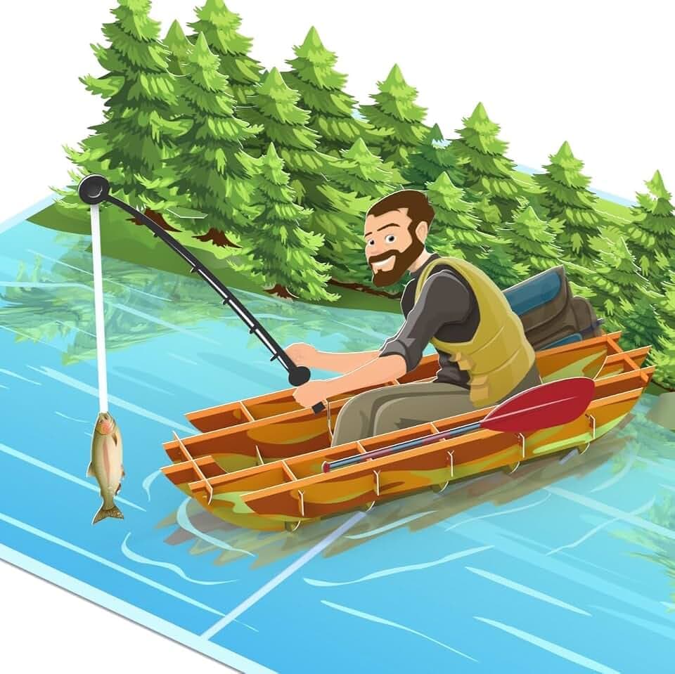 MOKIO® Pop-Up Karte – Angler im Boot – 3D Grußkarte