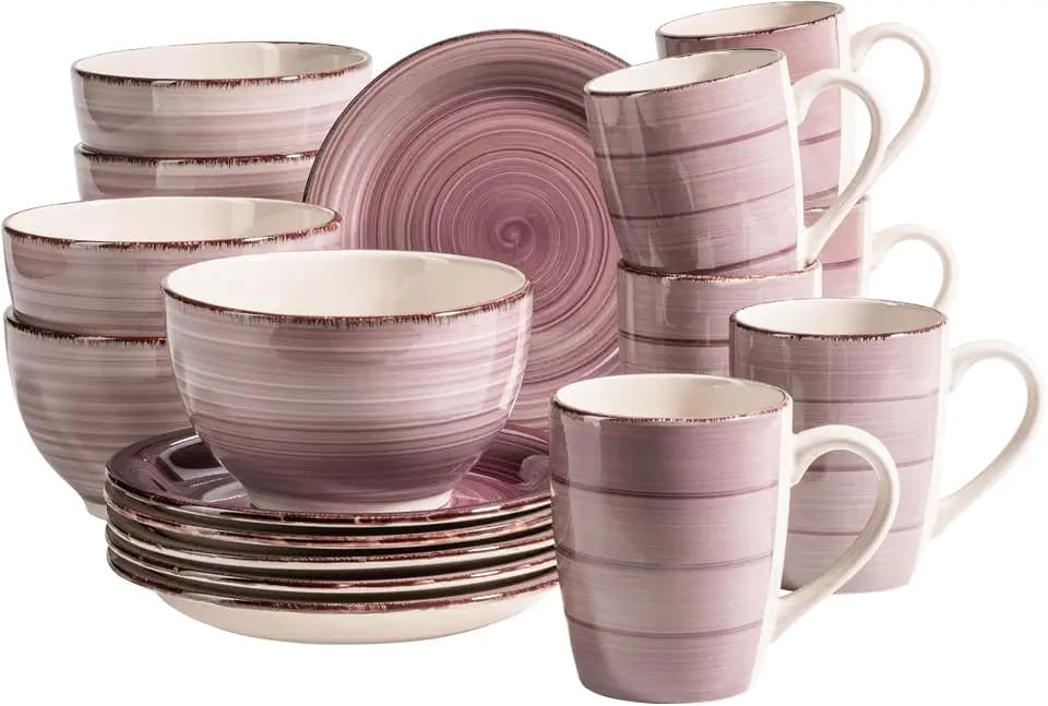 MÄSER 931950 Bel Tempo II Frühstück-Service für 6 Personen im Vintage Look, handbemalte Keramik, 18-teiliges Geschirr-Set, im Lila Farbton Berry, Steingut