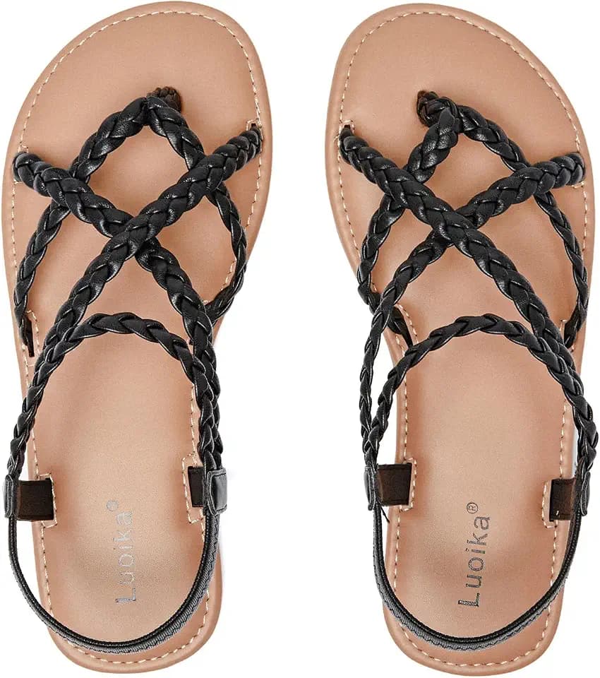 Luoika Women's Wide Width Braided Strappy Flat Sandals