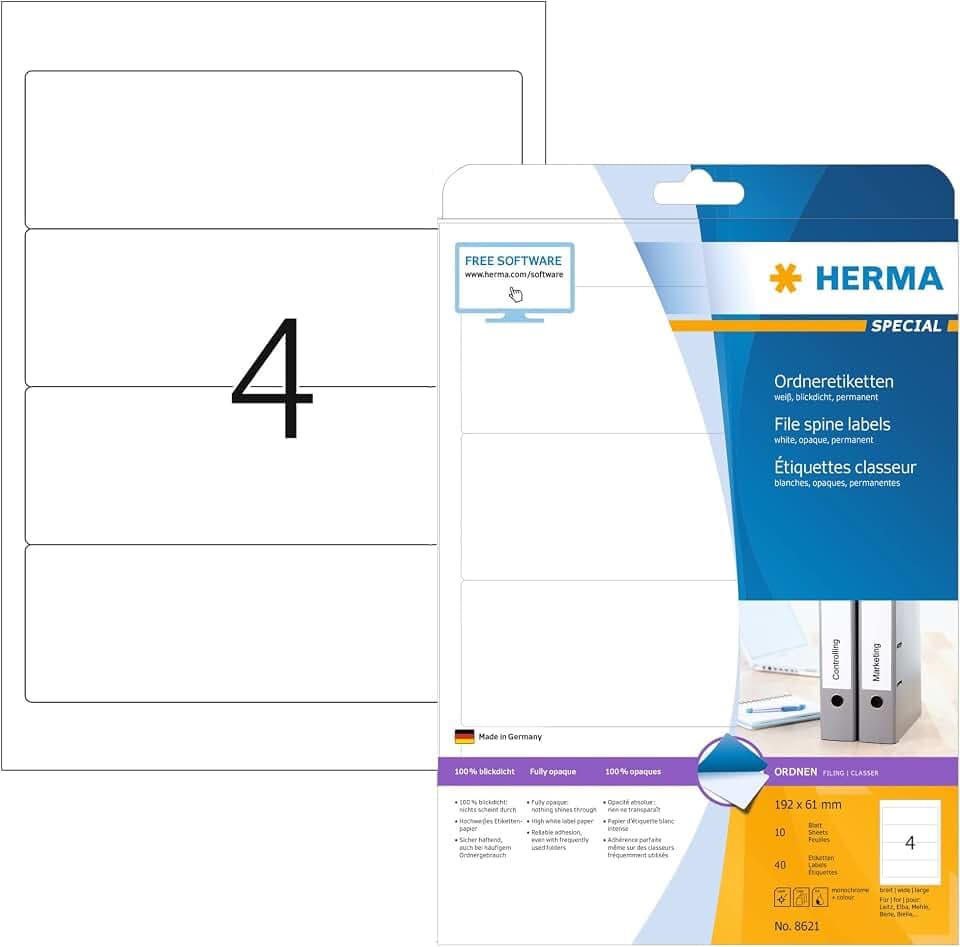 HERMA 8621 Ordnerrücken Etiketten kurz breit, 10 Blatt, 192 x 61 mm, 4 pro A4 Bogen, 40 Stück, selbstklebend, bedruckbar, blickdicht, blanko Papier Ordneretiketten Rückenschilder Aufkleber, weiß